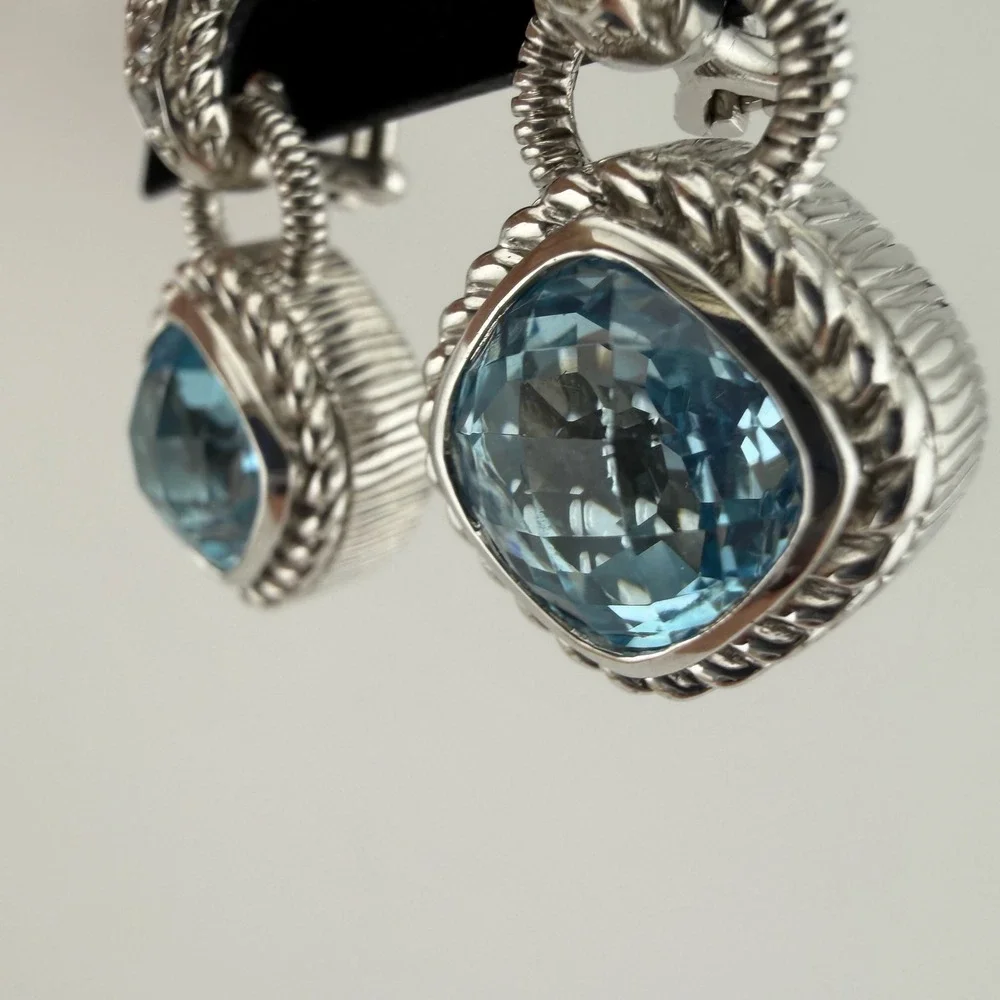 Judith Ripka 925 Sterling Silver Blue Topaz CZ Drop Earrings Fleur-de-Lis